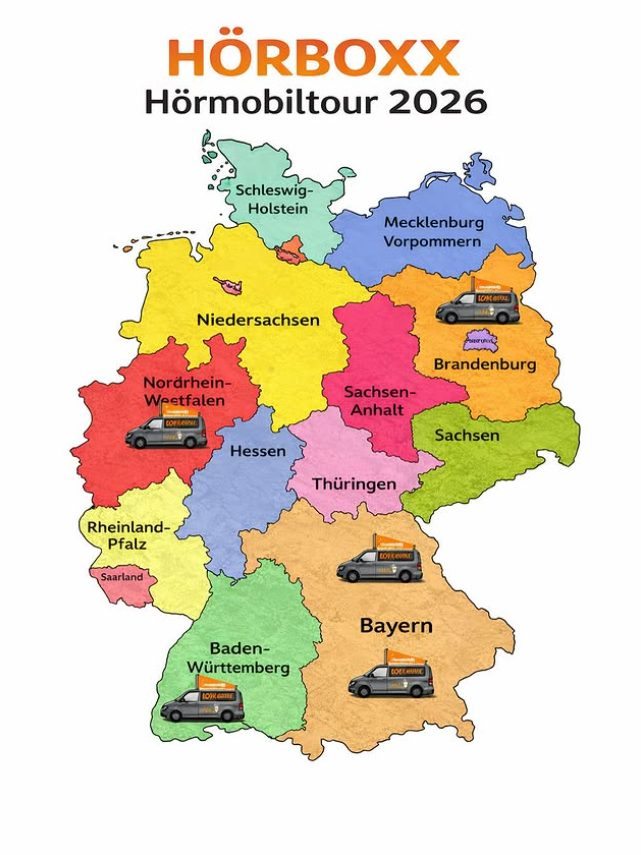 Grafik „HÖRBOXX Hörmobiltour 2026“: Deutschlandkarte mit Bundesländern und Hörmobil-Symbolen